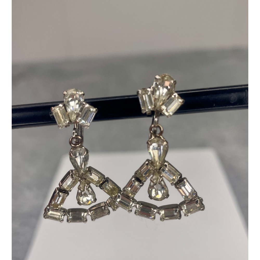 Rhinestone Drop Earrings Women Silver Geometric Screw Back Vintage Mid Century